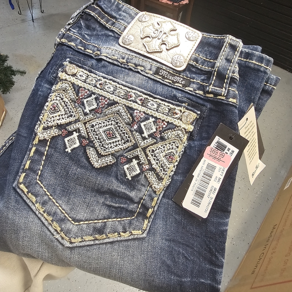 Miss Me Dark Blue Jeans with Intricate Embroidery, Size 28, Boot Cut